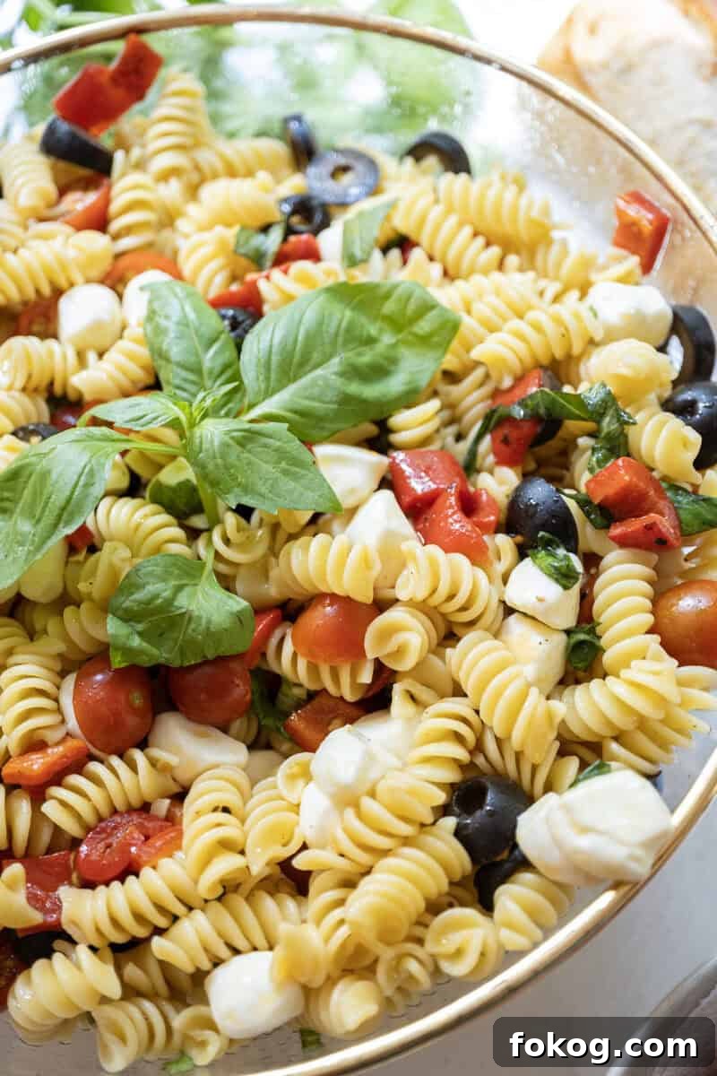 Classic Italian Pasta Salad Recipe with Tangy Vinaigrette and Veggies 9 The Italian pasta salad in a bowl garnished with basil