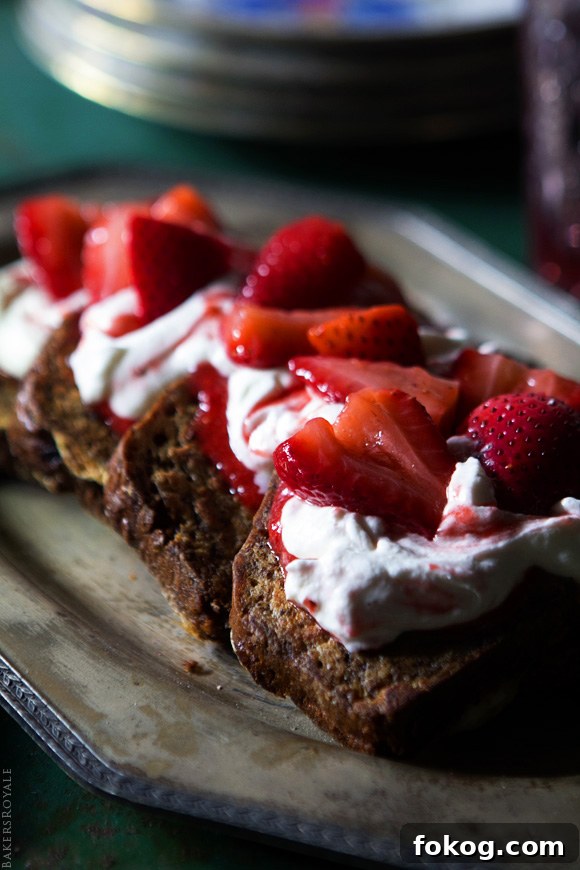Banana Bread French Toast with Strawberry Sauce & Honey Whipped Cream | Bakers Royale