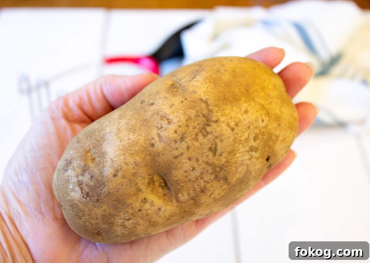 A large russet potato in one hand.