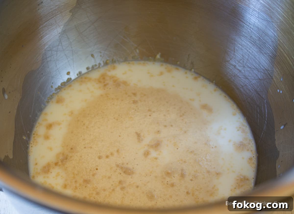 Dissolved yeast in a bowl with milk.