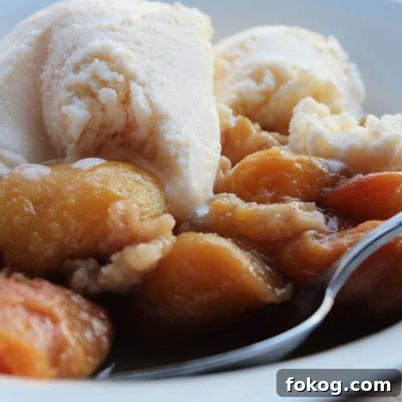 Simple Bisquick Recipes for Delicious Breakfasts and Snacks 13 Peach crumble topped with vanilla ice cream in a white bowl