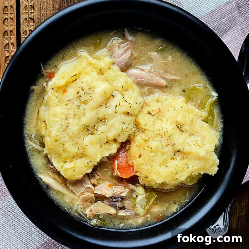 Simple Bisquick Recipes for Delicious Breakfasts and Snacks 17 Crockpot chicken and dumplings in a dark bowl next to a spoon