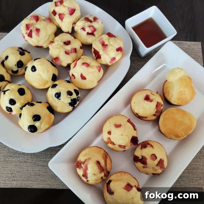Simple Bisquick Recipes for Delicious Breakfasts and Snacks 19 Pancake muffins on white platters with different toppings