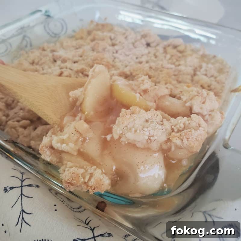 Simple Bisquick Recipes for Delicious Breakfasts and Snacks 9 Bisquick apple cobbler in a glass baking dish with a wooden spoon scooping out some cobbler