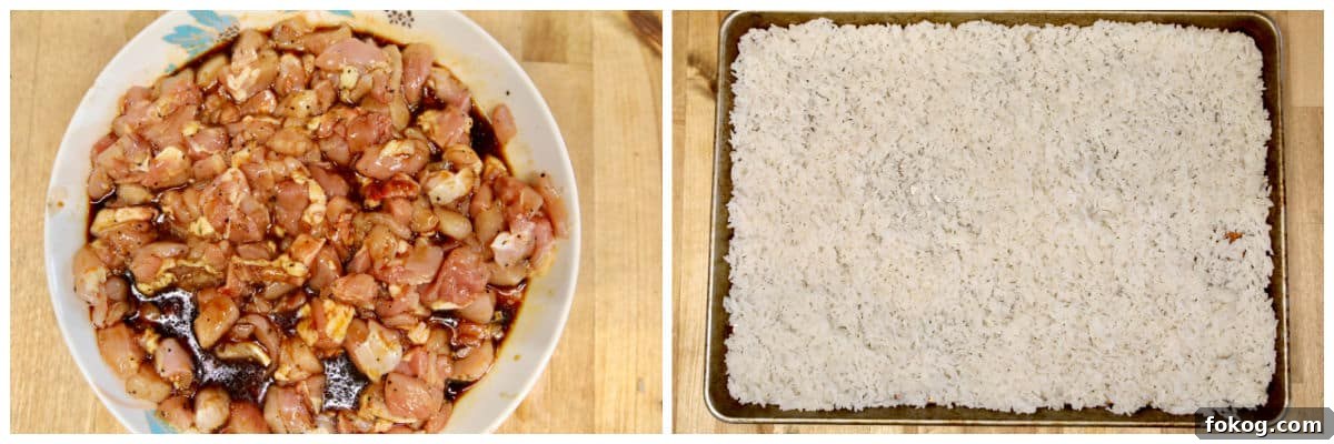 Soy sauce and chicken in a bowl/sheet pan of rice.