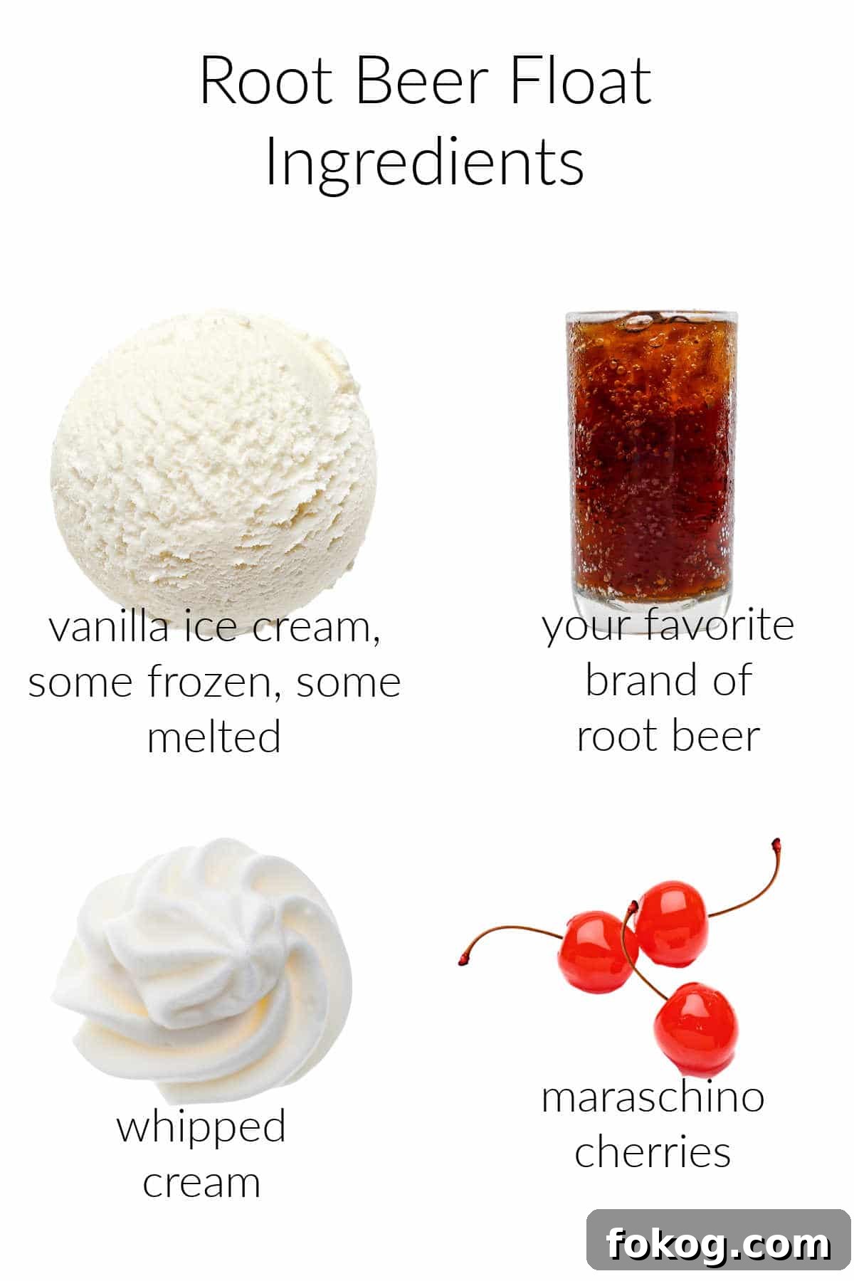 Collage of ingredients for making a creamy root beer float.