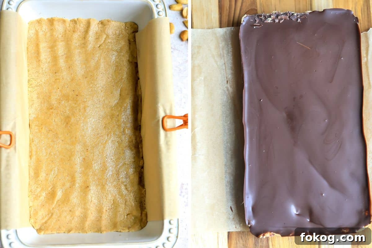 Buckeye Bars Recipe: Classic Peanut Butter Chocolate Treats 4 Steps to make the recipe in a white baking dish with parchment paper.