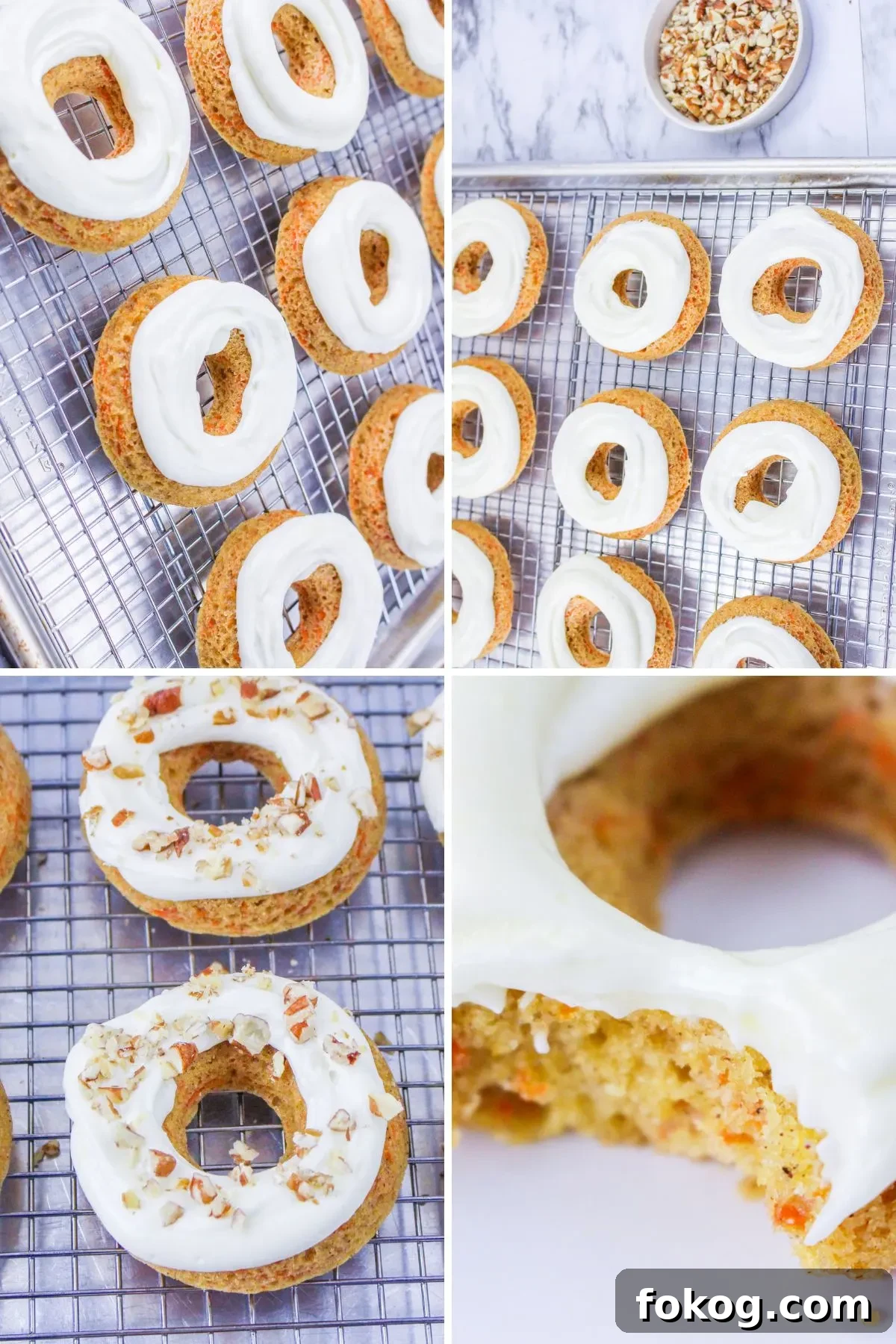 Collage of last few steps of making dairy free baked donuts.