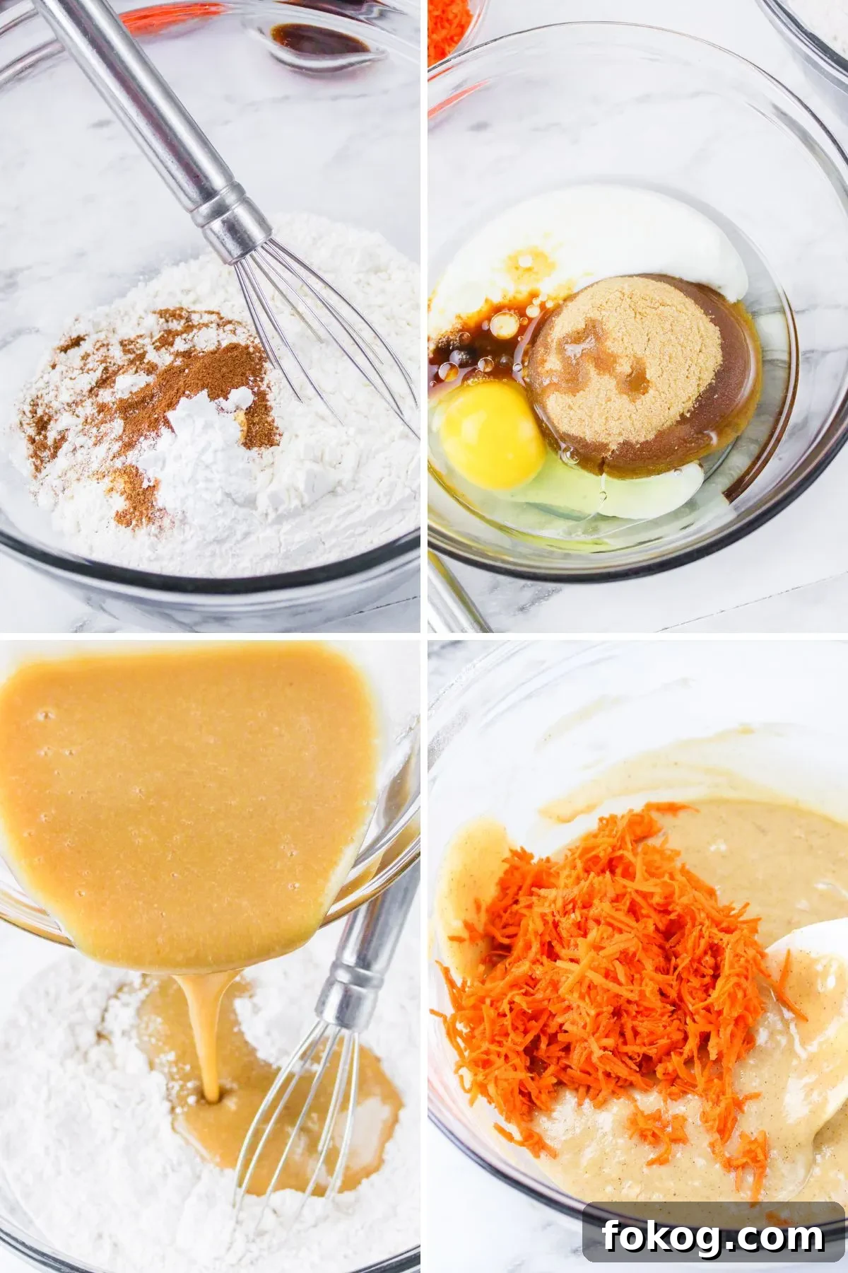 First four steps showing how to make baked carrot cake donuts in a collage.