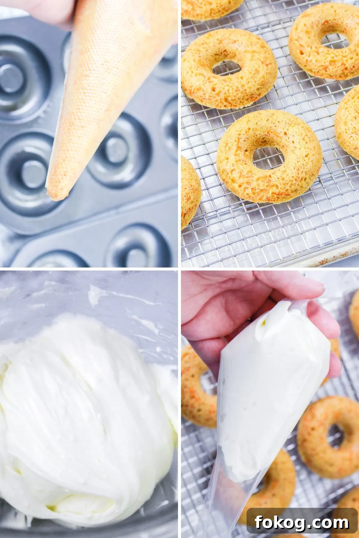 Collage of images showing the next four steps of making Carrot Cake gluten free baked donuts.
