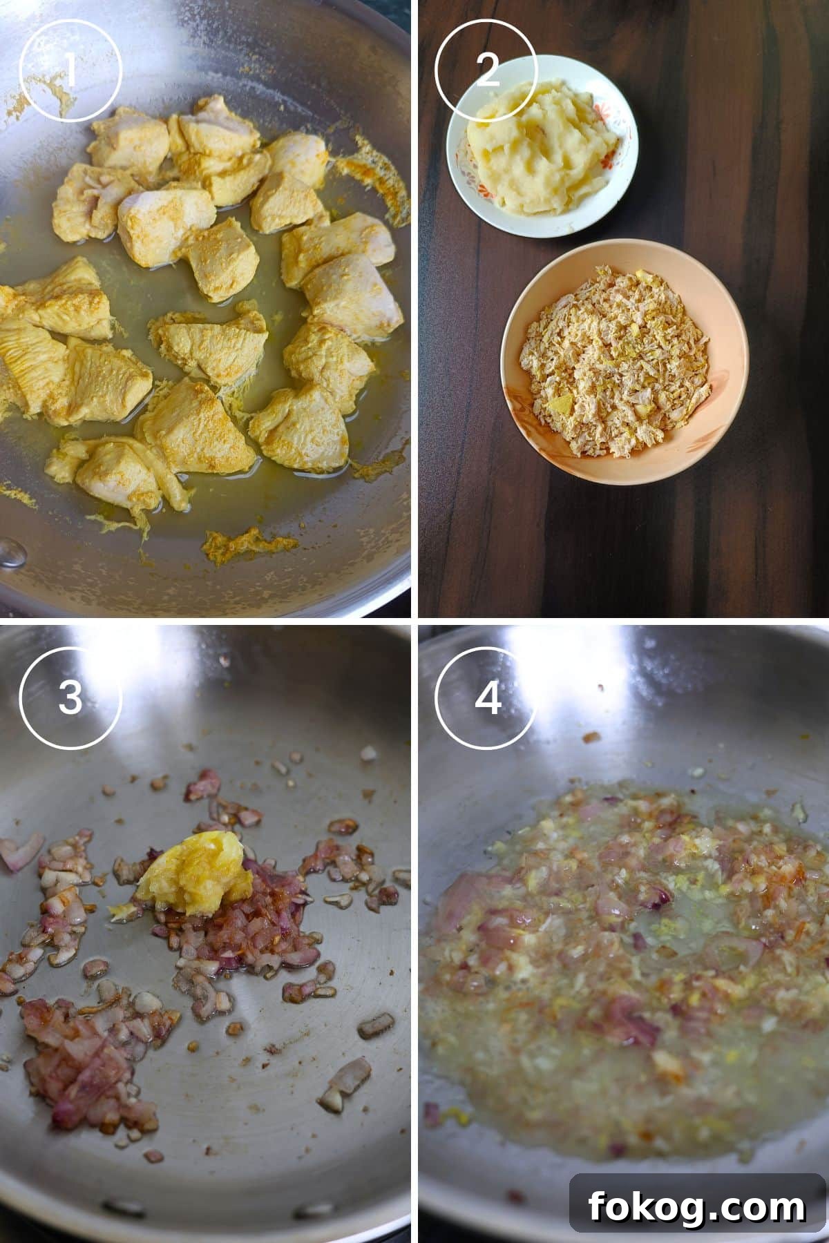 Four images showing cooking, shredding chicken & sauteing aromatics.