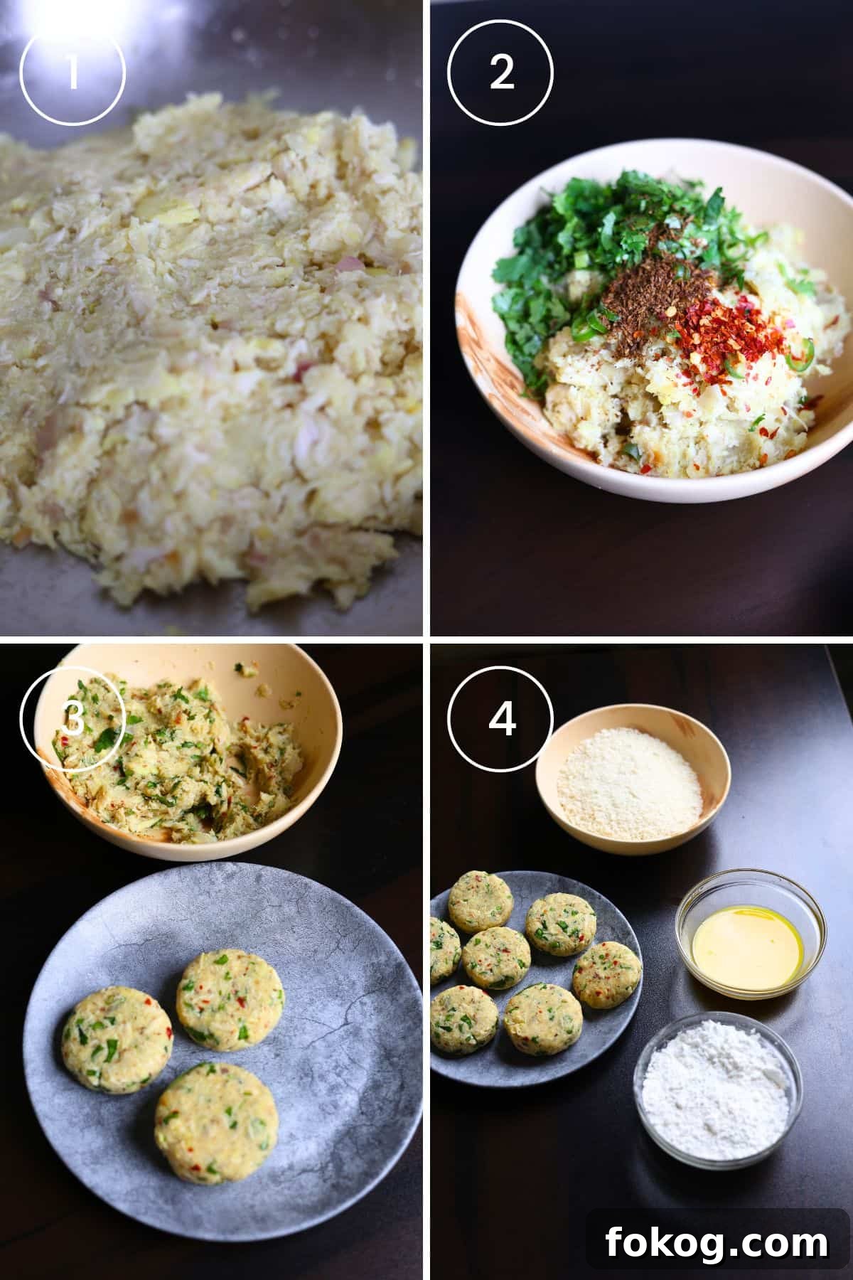 Four images showing combining chicken, mashed potato & seasoning, shaping & coating for that super crispy exterior.