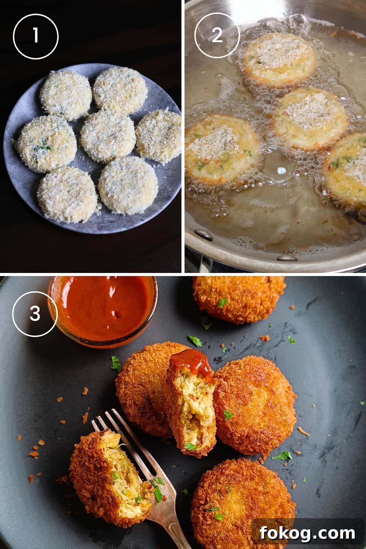 Three images showing uncooked cutlets followed by frying until crispy.
