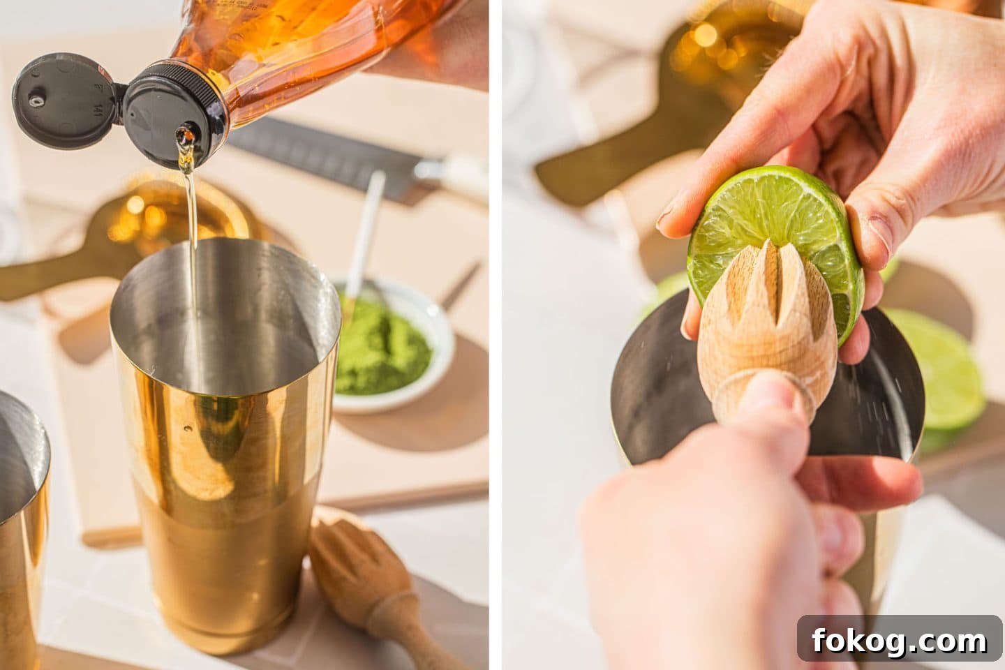 adding agave and lime juice to the cocktail shaker