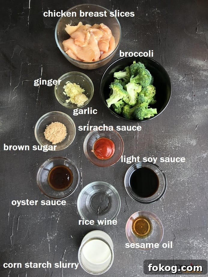 Chinese Chicken and Broccoli in the Instant Pot: Quick Weeknight Meal 4 recipe ingredients in bowls on a black surface