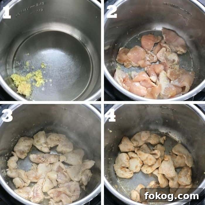 Chinese Chicken and Broccoli in the Instant Pot: Quick Weeknight Meal 7 sauteing chicken in instant pot