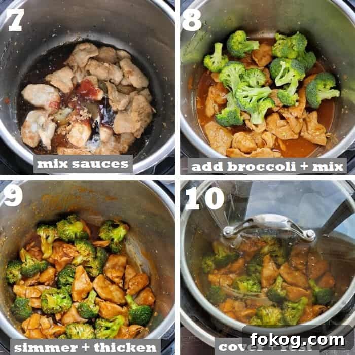 Chinese Chicken and Broccoli in the Instant Pot: Quick Weeknight Meal 9 simmering and thicken sauce with broccoli
