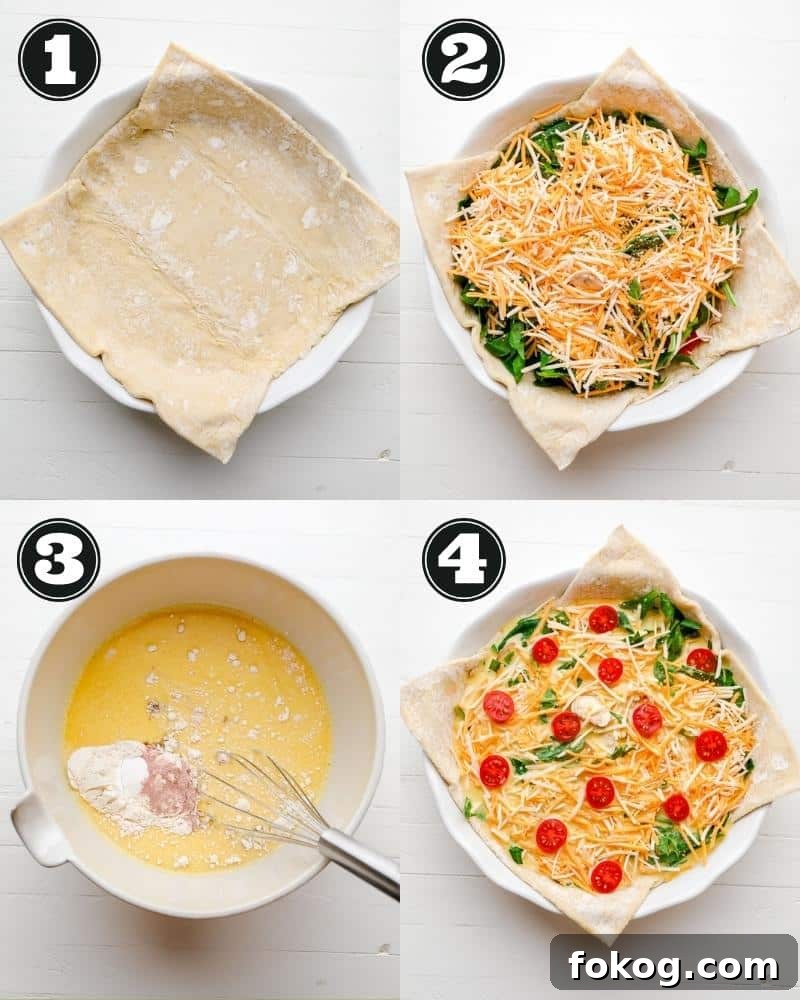 4 images showing the process of preparing and assembling a JUST Egg Quiche.