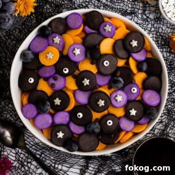 A bowl of purple, orange and black mini Halloween pancakes with candy eyes and stars.