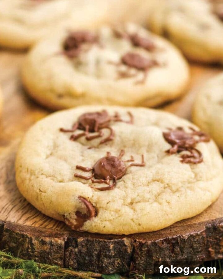 Chocolate chip spider cookies on a wood platter