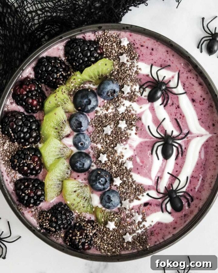 Halloween smoothie bowl decorated and ready to eat