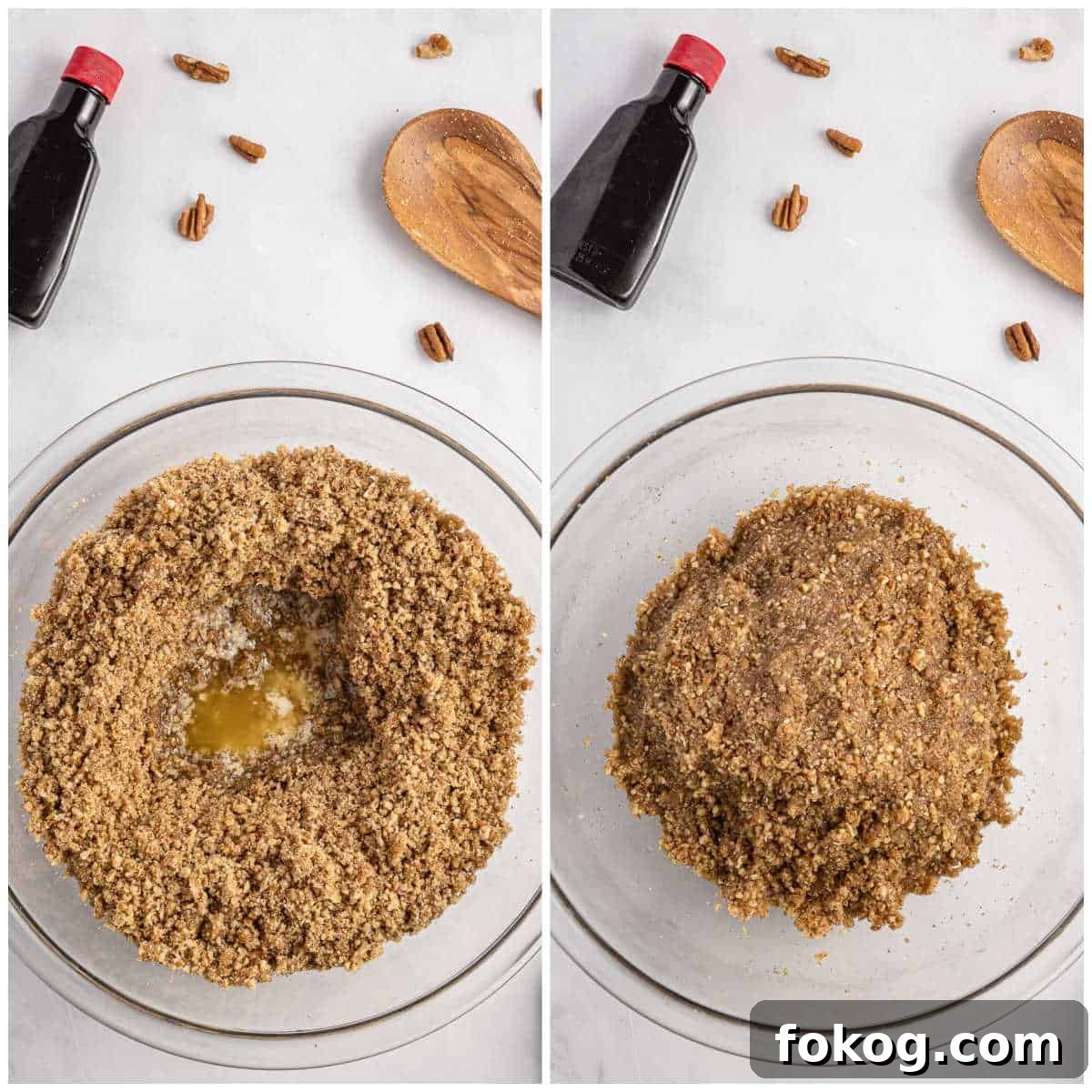 Collage of mixing ingredients in a bowl.