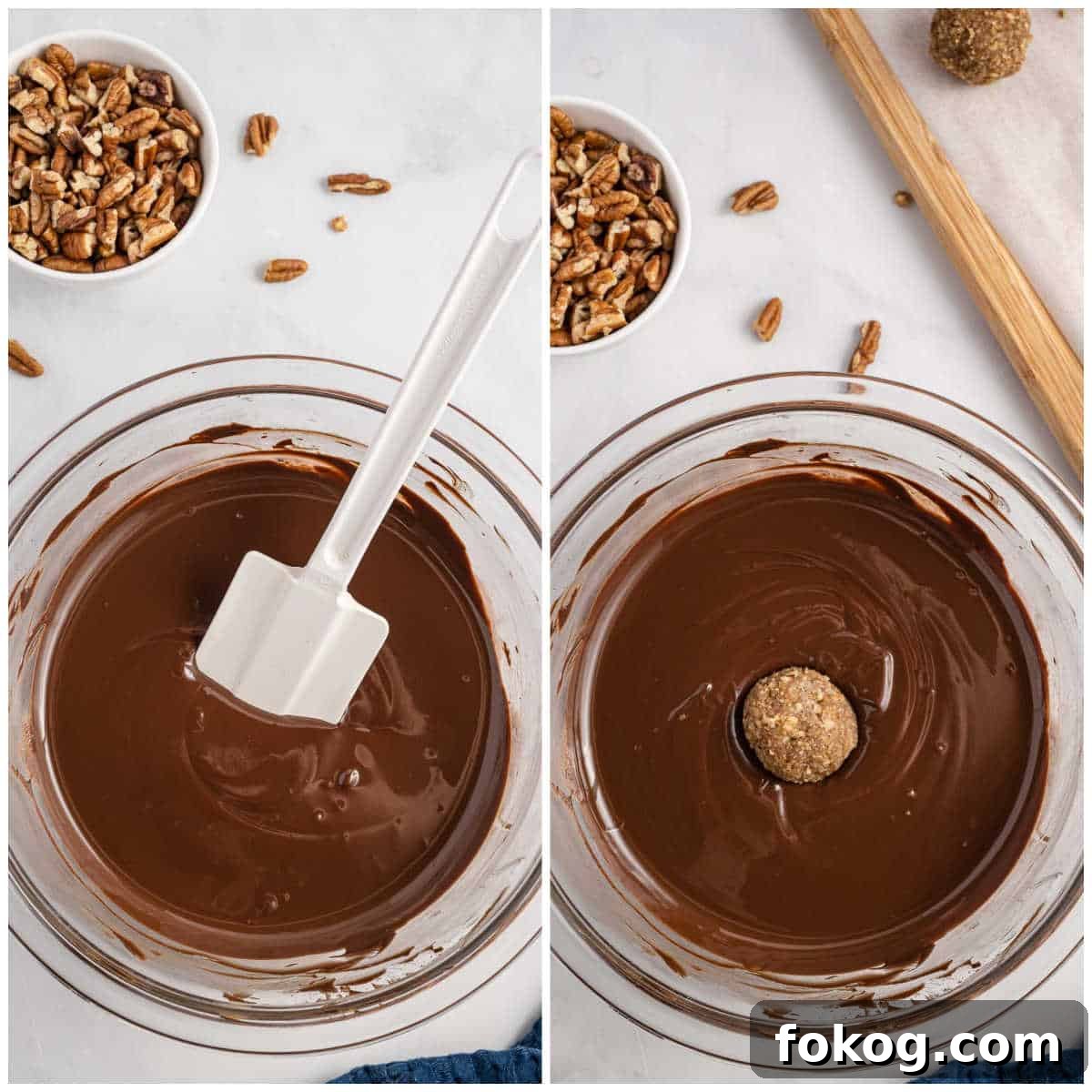 Collage of melting chocolate and dipping a ball into the mixture.