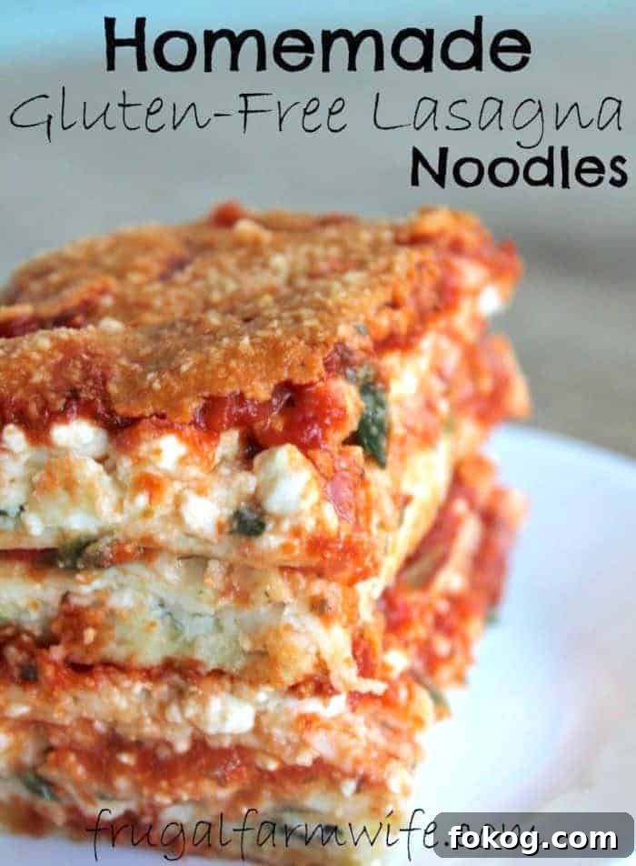 Image shows a slice of lasagna with the text "Homemade Gluten-Free Lasagna Noodles"