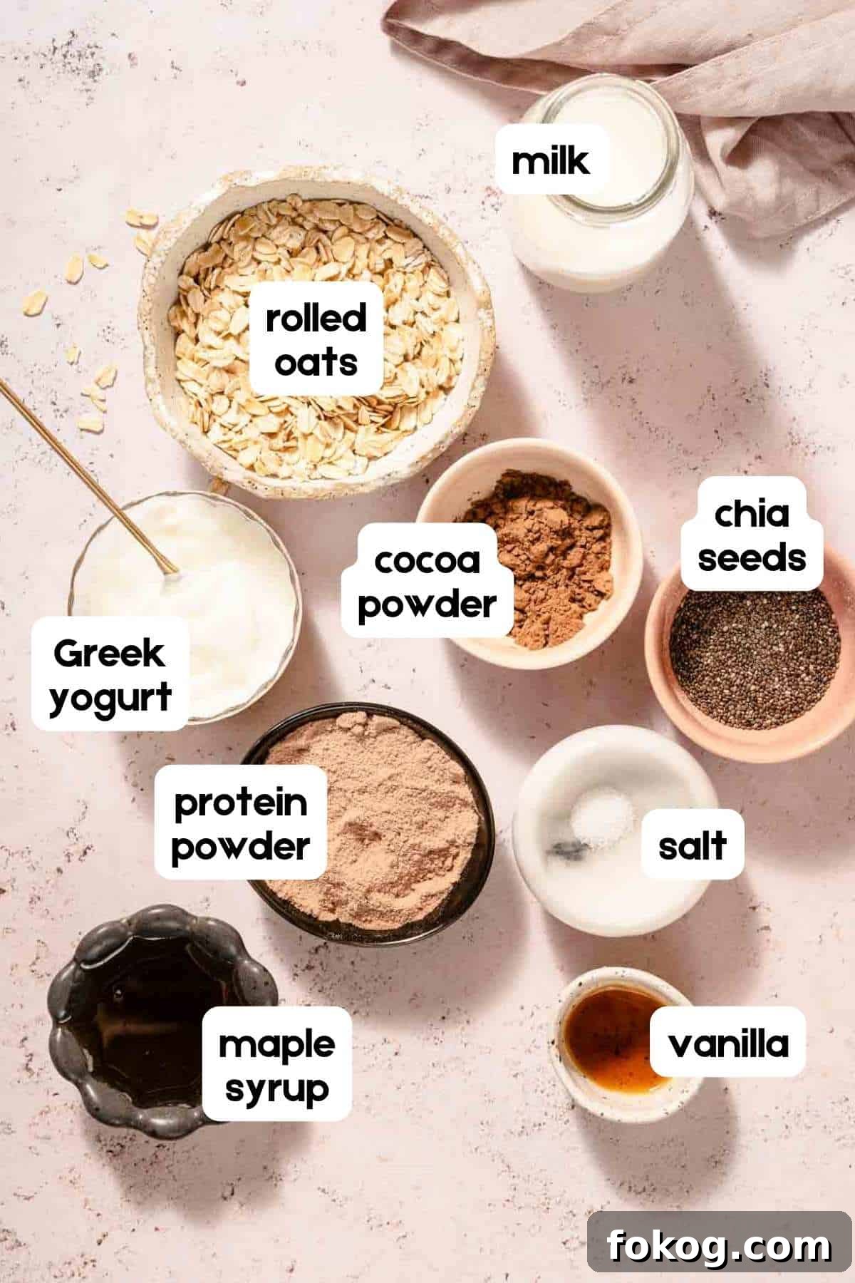 Creamy Chocolate Protein Overnight Oats 3 ingredients for chocolate protein overnight oats with text labels.
