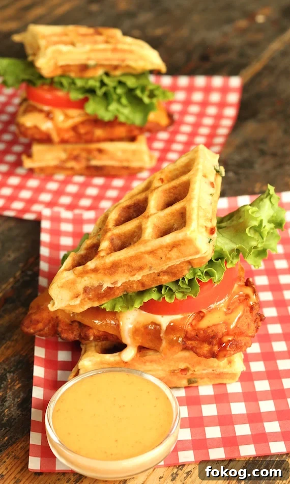 Two Fried Chicken and Bacon Cheddar Waffle Sandwiches next to a bowl of maple sriracha aioli.