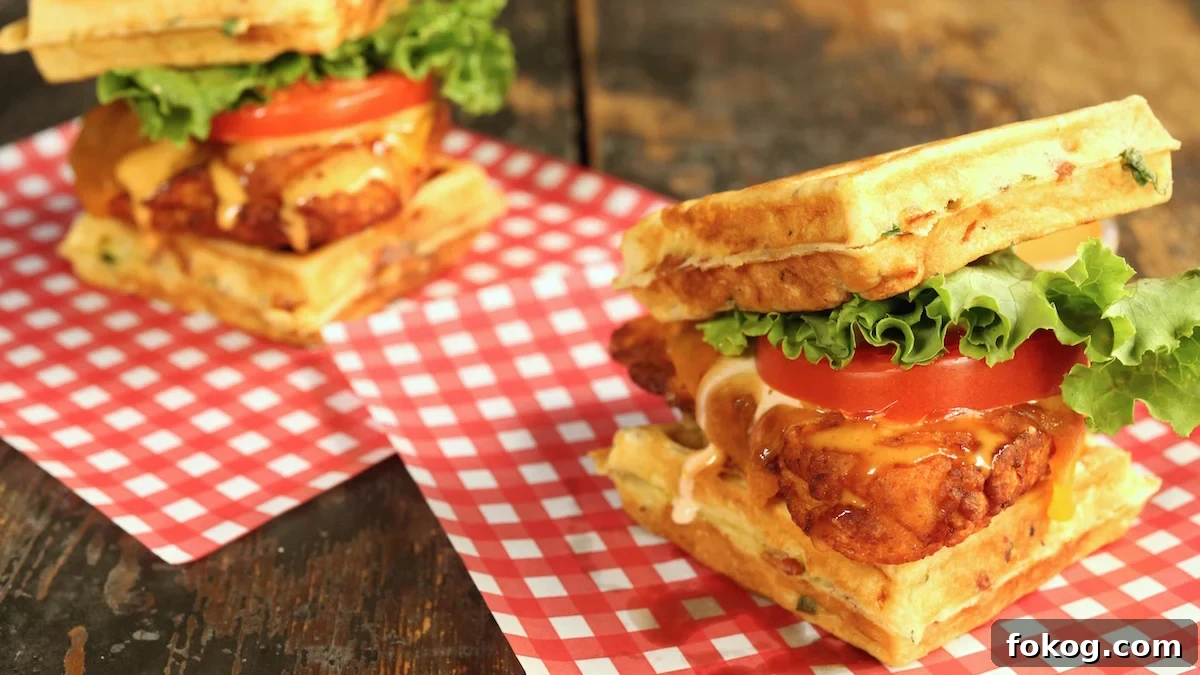 Buttermilk Fried Chicken Cheddar Bacon Waffle Sandwiches on plaid sandwich paper.