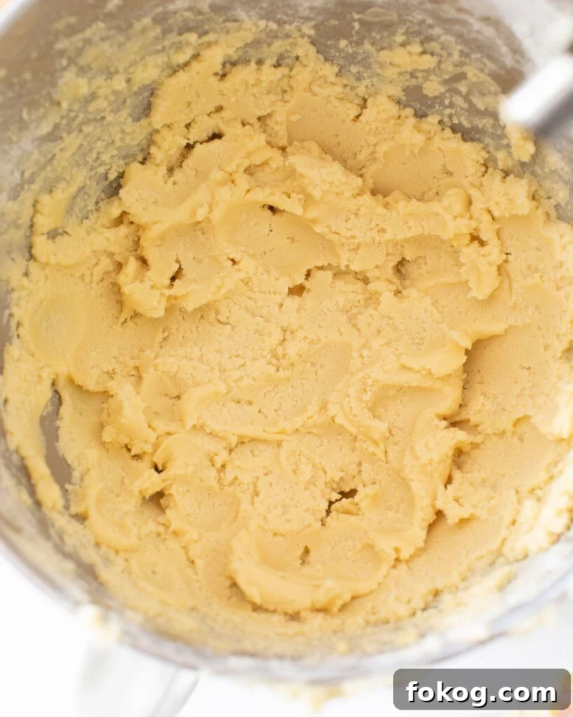 Sugar cookie dough mixture in a stand mixer bowl.