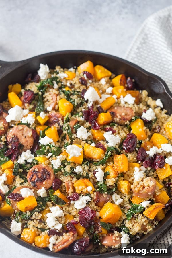 Butternut Squash, Kale, and Chicken Sausage Quinoa Skillet