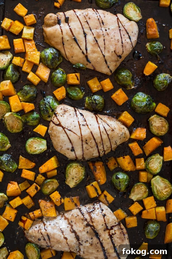 One Pan Maple Balsamic Chicken with Butternut Squash and Brussels Sprouts