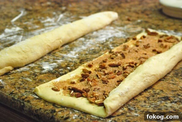 cinnamon pecan filling rolled up on counter