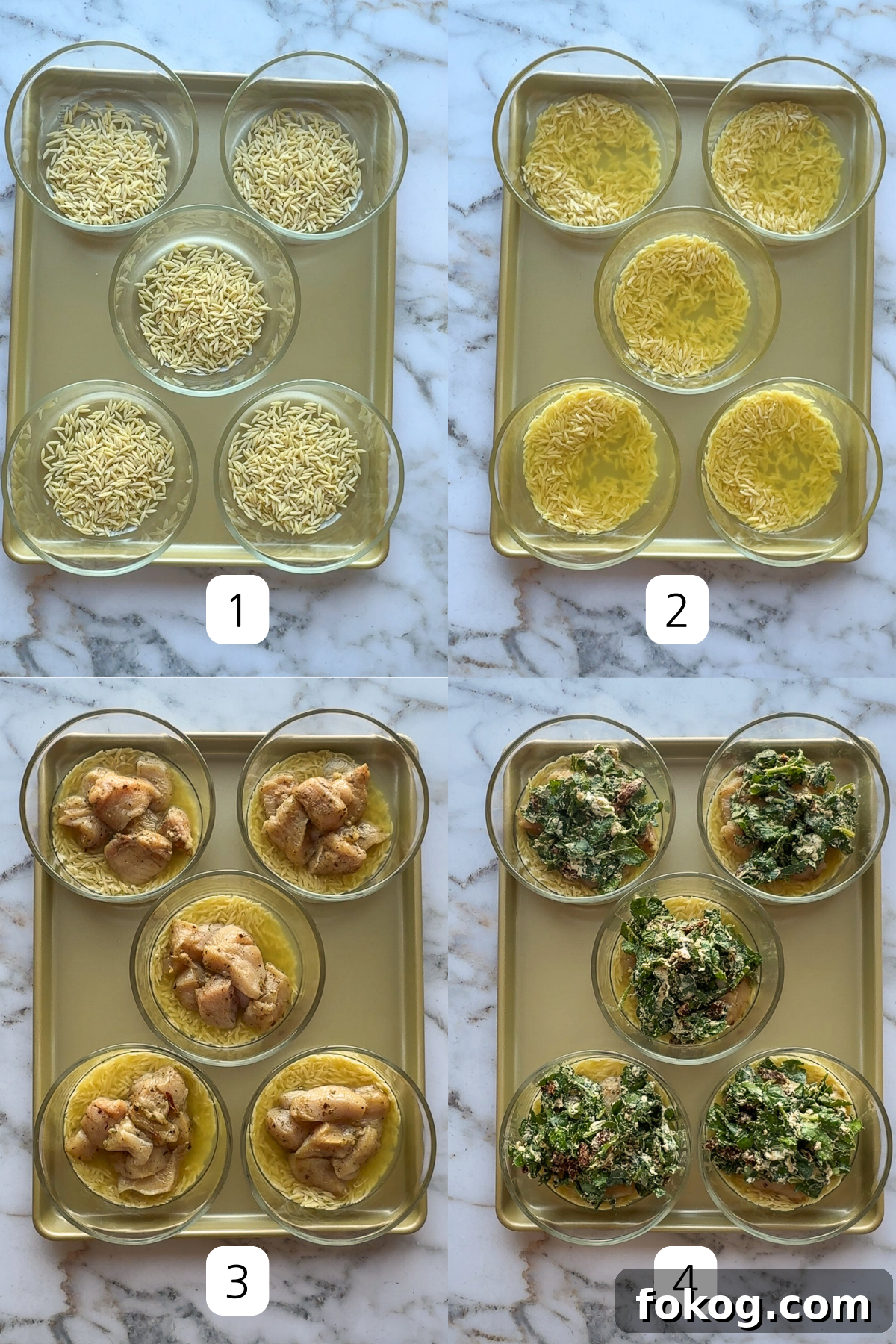 Sun Dried Chicken Orzo Easy Bakes showing steps of adding ingredients to the bowls.