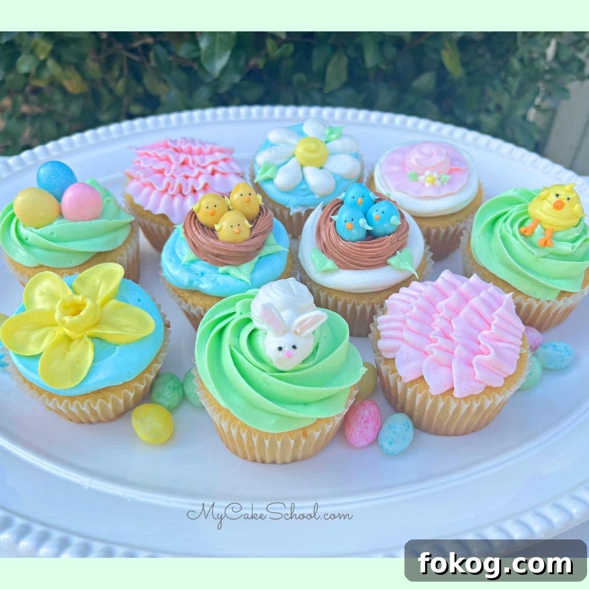 Platter of assorted decorated Easter Cupcakes