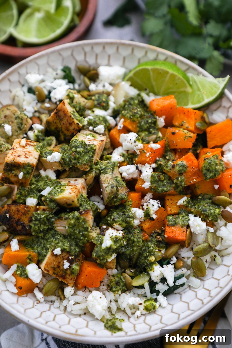 A small serving bowl filled with white rice topped with roasted butternut squash, chimichurri chicken, goat cheese and pepitas drizzled in extra chimichurri sauce
