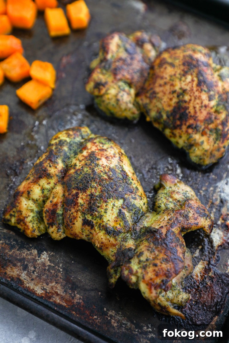 Baked chimichurri chicke thighs sitting on a dark baking sheet next to roasted butternut squash