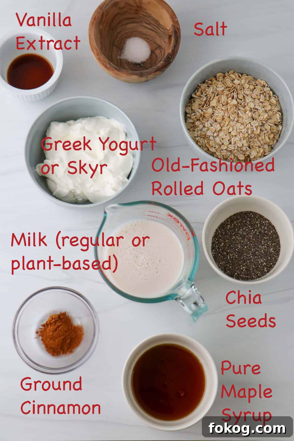 Creamy Vanilla Cinnamon Overnight Oats Recipe 3 Labeled ingredients for Overnight Oats with Vanilla and Cinnamon.