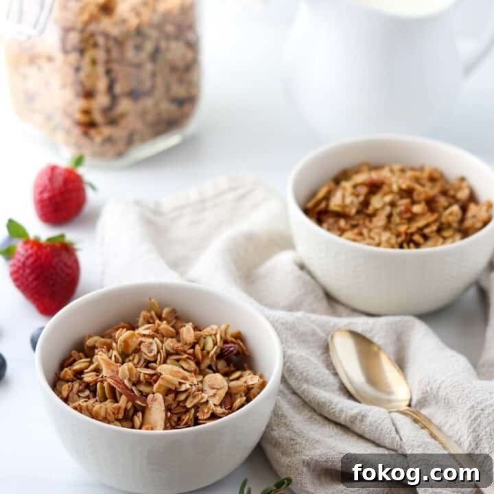Granola in two bowls next to berries, milk and a spoon.