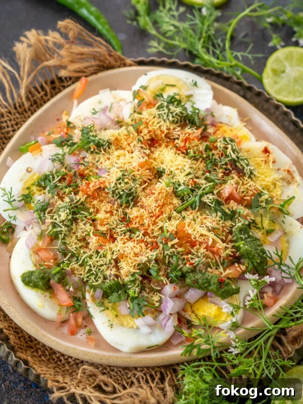 Crispy Egg Dosa (Mutta Dosa) Recipe for Perfect Breakfast 12 A plate of Egg Chaat features sliced boiled eggs topped with chopped onions, tomatoes, sev, green chutney, fresh coriander, and spices. Lime slices, green chilies, and coriander sprigs are arranged around the plate on a dark surface.