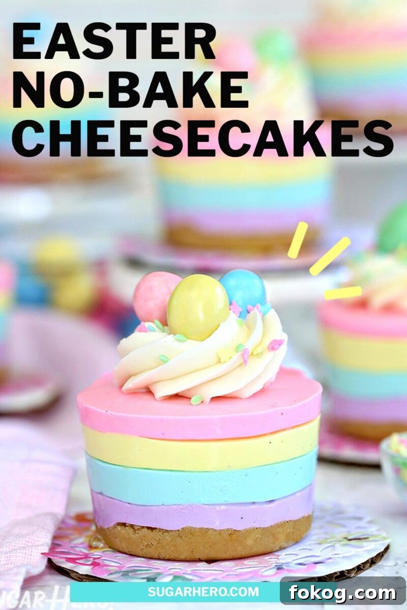 Pinterest collage of Easter Mini Cheesecake with text overlay that reads "Easter No-Bake Cheesecakes".