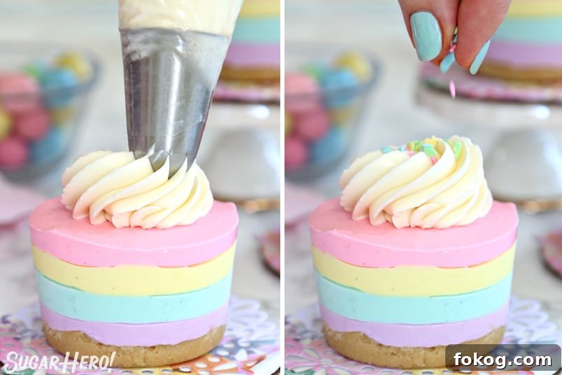 Process collage showing topping mini cheesecakes with frosting and sprinkles.