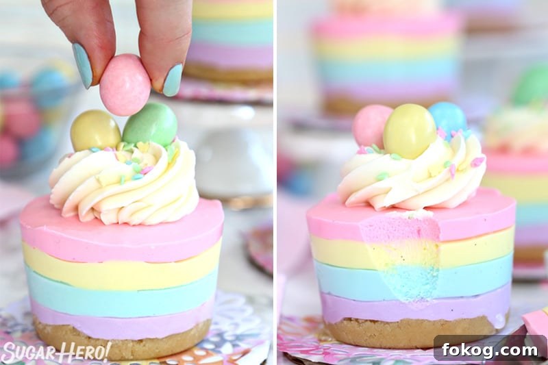Process collage showing how to decorate Easter no-bake cheesecakes with candy eggs.