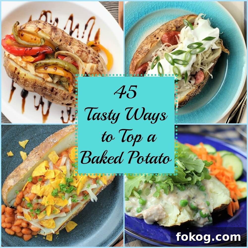 Creamy Tuna Stuffed Baked Potatoes + 44 Savory Topping Ideas 2 45 baked potato toppings collage