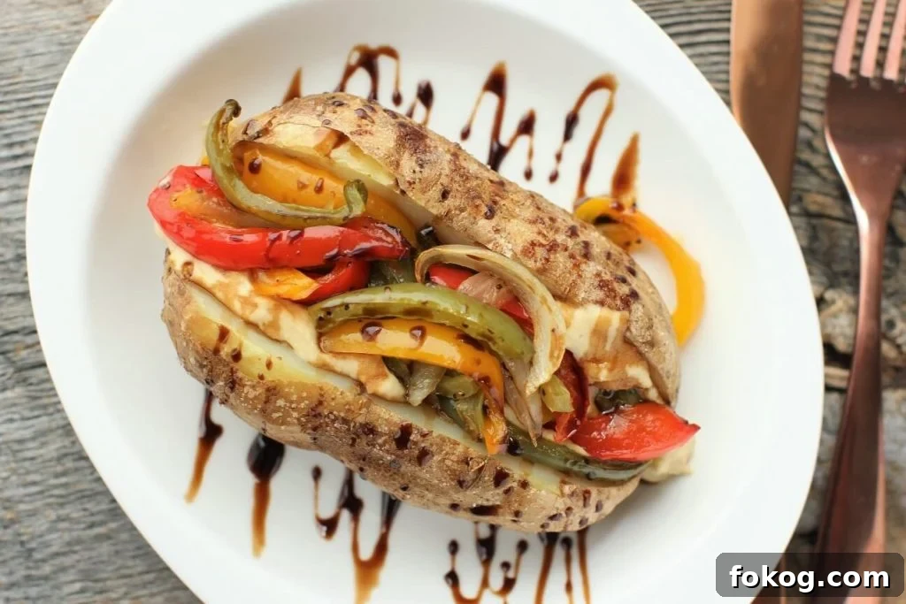 Creamy Tuna Stuffed Baked Potatoes + 44 Savory Topping Ideas 6 baked potato, split and topped with hummus, roasted peppers, and balsamic glaze