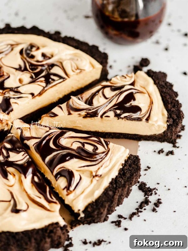 Round chocolate peanut butter tart swirled with chocolate syrup and cut into slices.