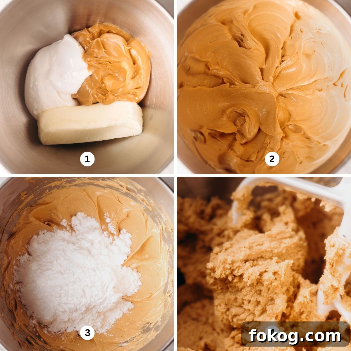 Mixing butter, marshmallow fluff, and peanut butter together, then adding in powdered sugar in a stainless steel mixing bowl.
