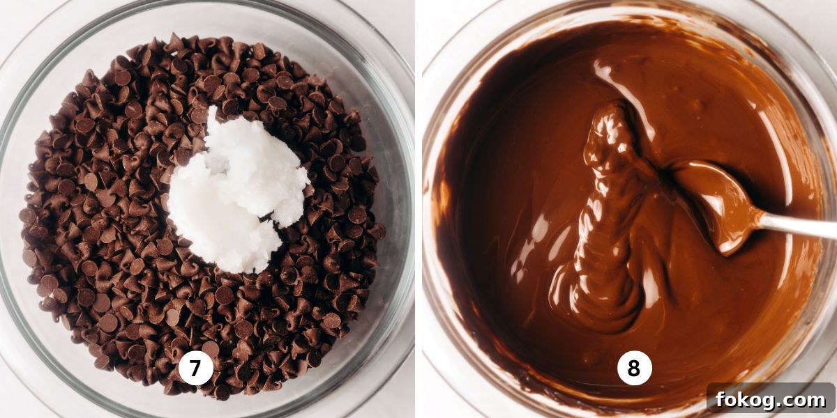 Melting semi-sweet chocolate chips and vegetable shortening in a glass bowl on white background.